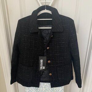 NWT Women’s Black Quilted Button Front Tweed Coat Warm Winter Jacket Classic
